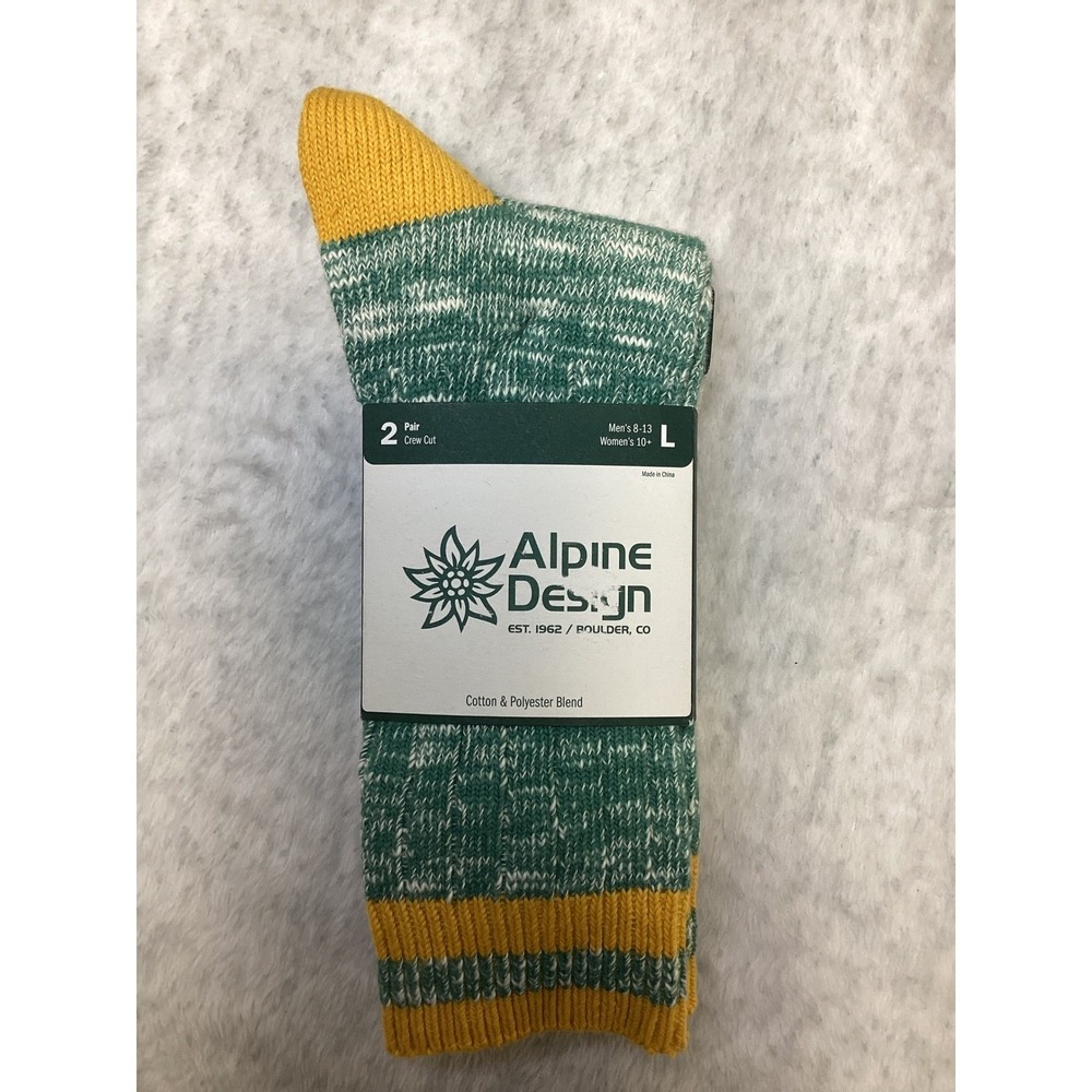 Alpine Design 2 Pack Ragg Hiker Crew Socks Green Yellow Navy Mens 8-13 Large NEW
